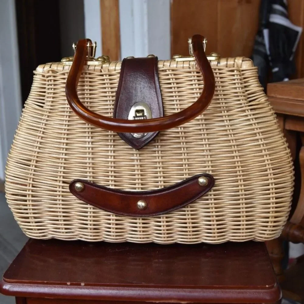 Vintage 60s Wicker Basket Handbag Hong Kong Lucite Handles Leather Trim
